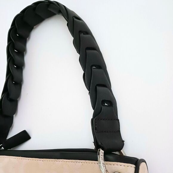 Y2K DKNY Hobo Shoulder Bag Cream Logo Fabric Dk Brown Leather Chunky Strap - Picture 3 of 8